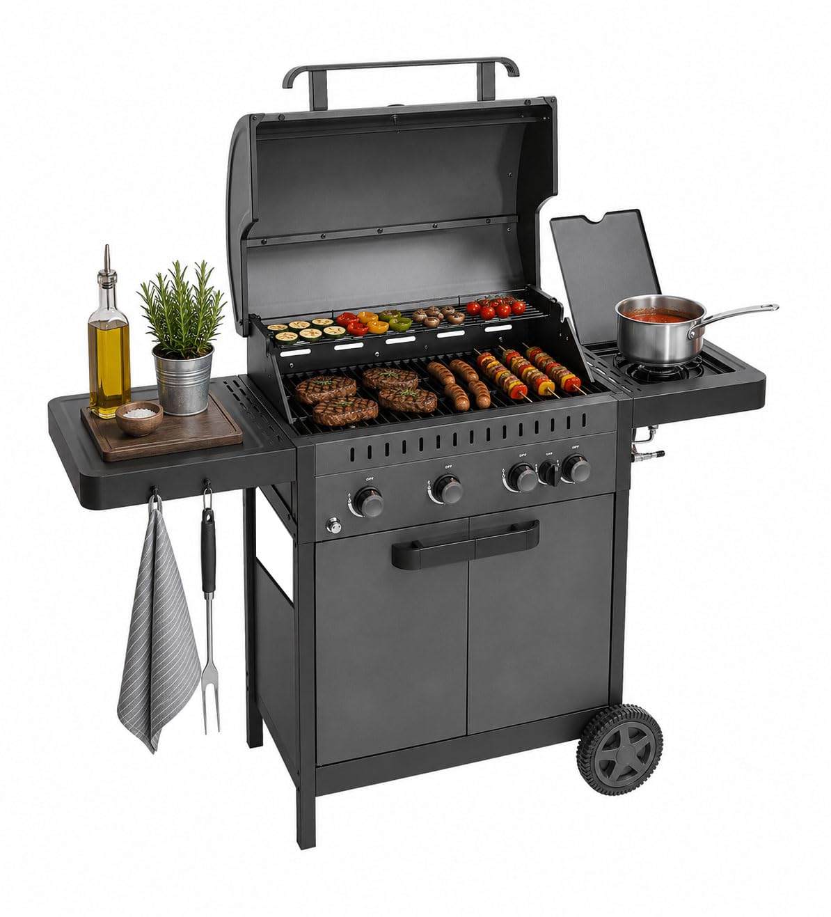 Amig - Barbacoa de Gas IGNIS 4+1 (4 Quemadores + 1 Lateral) - 123 x 55 x 110 cm - Superficie de Cocción 60 x 38 cm - Con Termómetro, Bandejas Laterales, Ruedas y Parrilla de Hierro Fundido - Negro