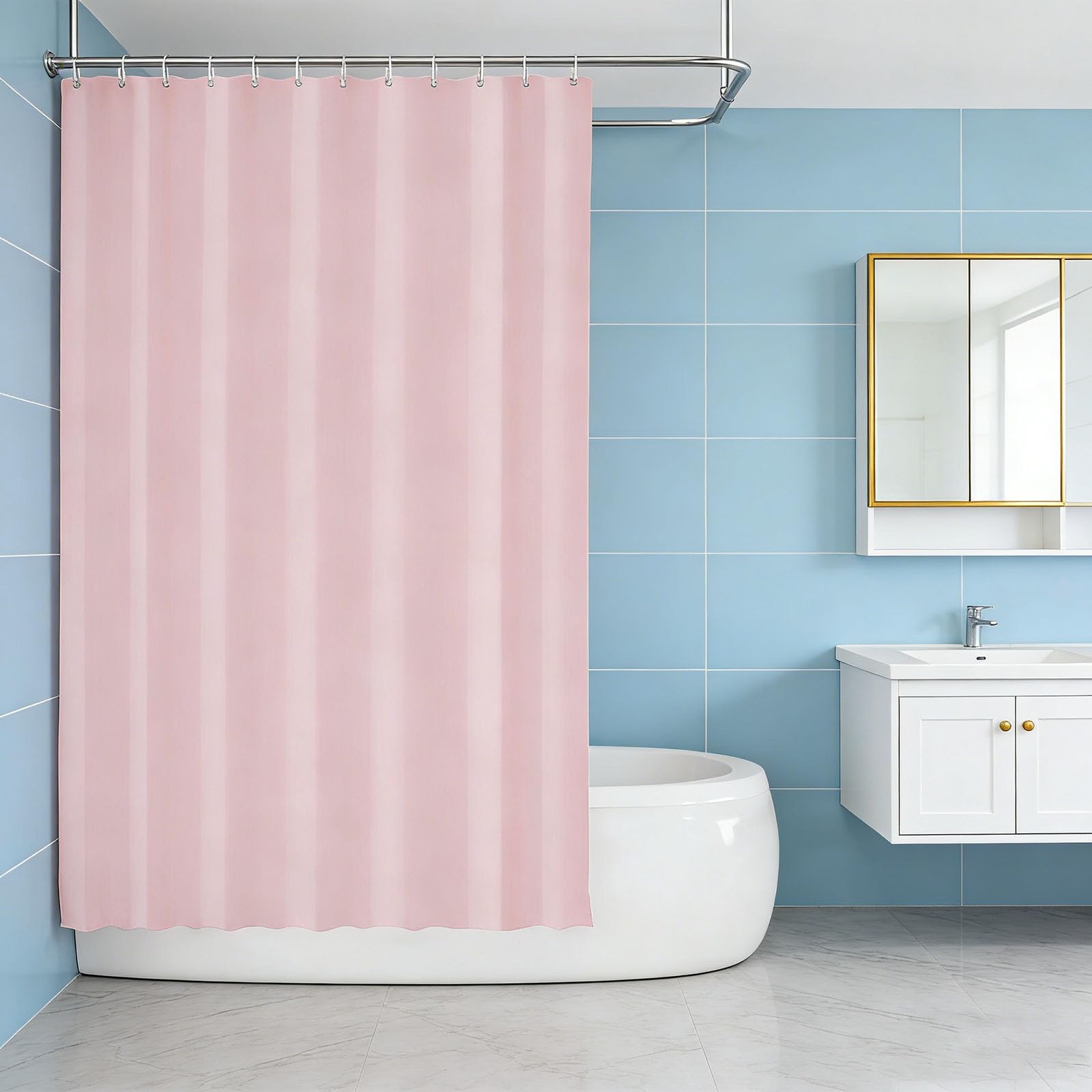 Rideaux de Douche 80 x 290 cm Tissu Polyester Rideau Douche Anti Moisissure avec 12 Crochets pour Salle de Bain, Baignoire, Rose