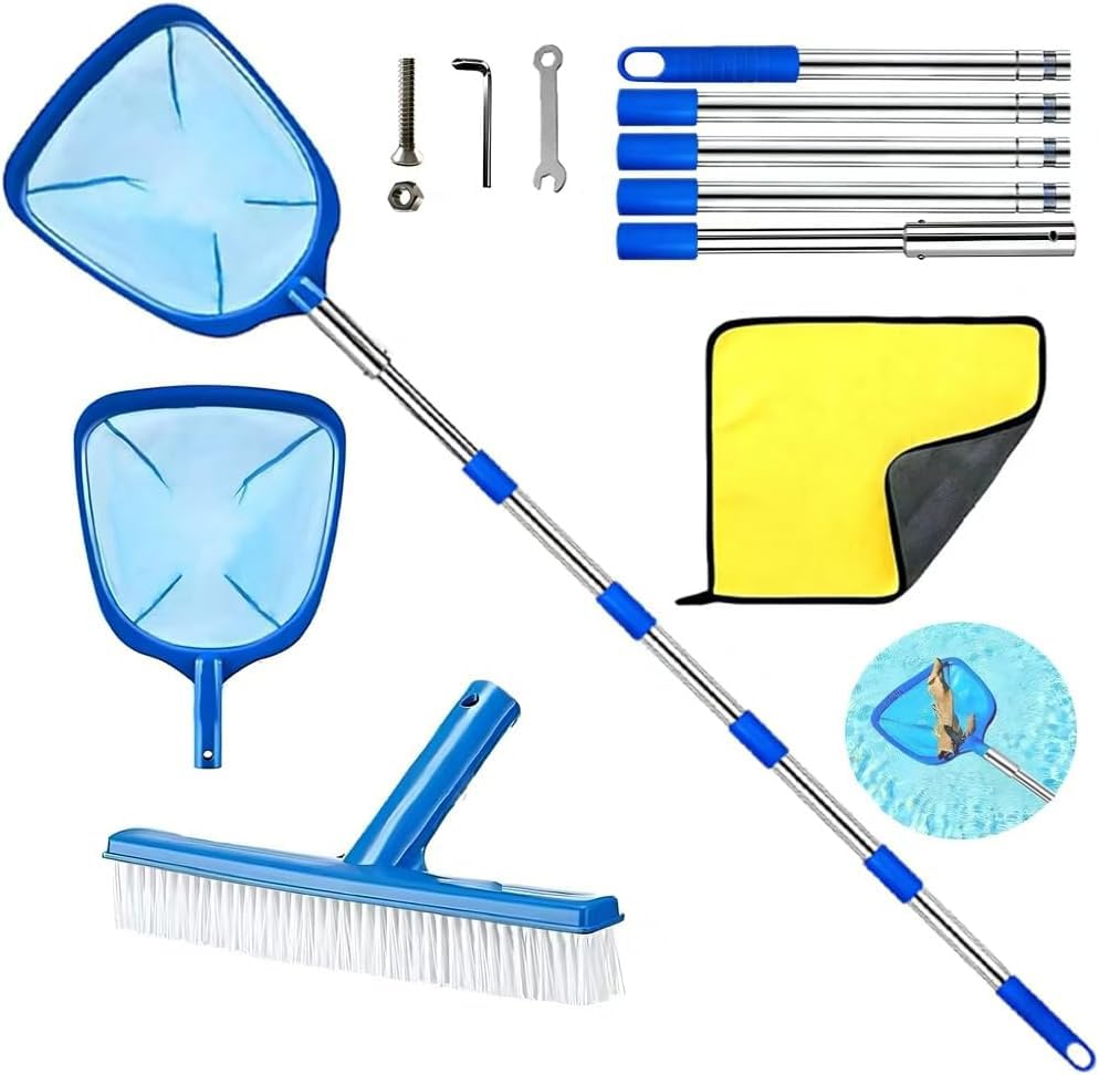 Epuisette Piscine avec Manche Telescopique 225cm, Epuisette Bassin Exterieur, avec Brosse de Piscine et Chiffon de Nettoyage