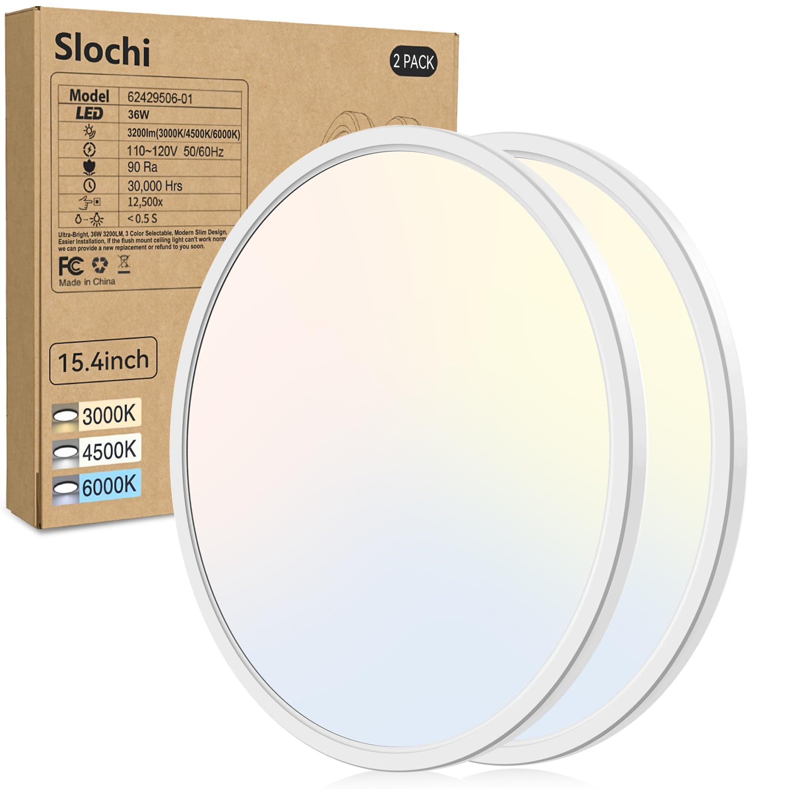 Slochi 15.4 Inch 2 Pack Flush Mount Ultra Thin LED Ceiling Light, 36W 3000K/4500K/6000K 3 Color Temperature Low Profile Ceiling Light Fixtures for Bedroom, Kitchen, Living Room