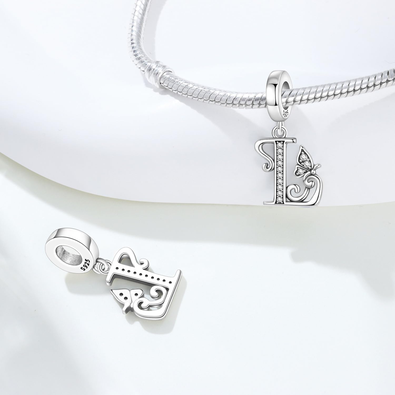 2 Pack 925 Sterling Silver Butterfly Letter Charms for Bracelets and Necklace Alphabet Initial Dangle Pendants Round Spacer Beads Pave Cubic Zirconia Jewelry Gift for Women - Image 3