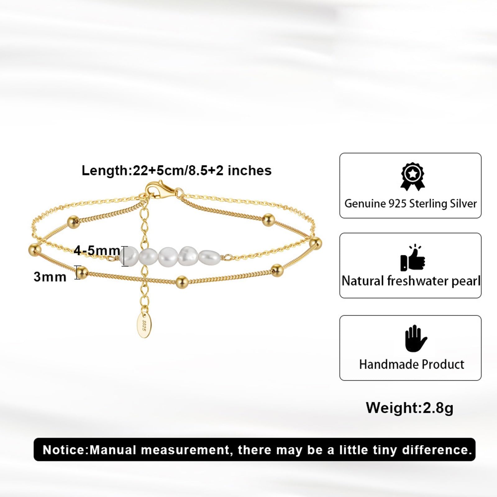 Tobillera de plata de ley 925 para mujeres y niñas, cadena de doble capa con cuentas y pulseras de tobillo de perlas, joyería de regalo de cumpleaños