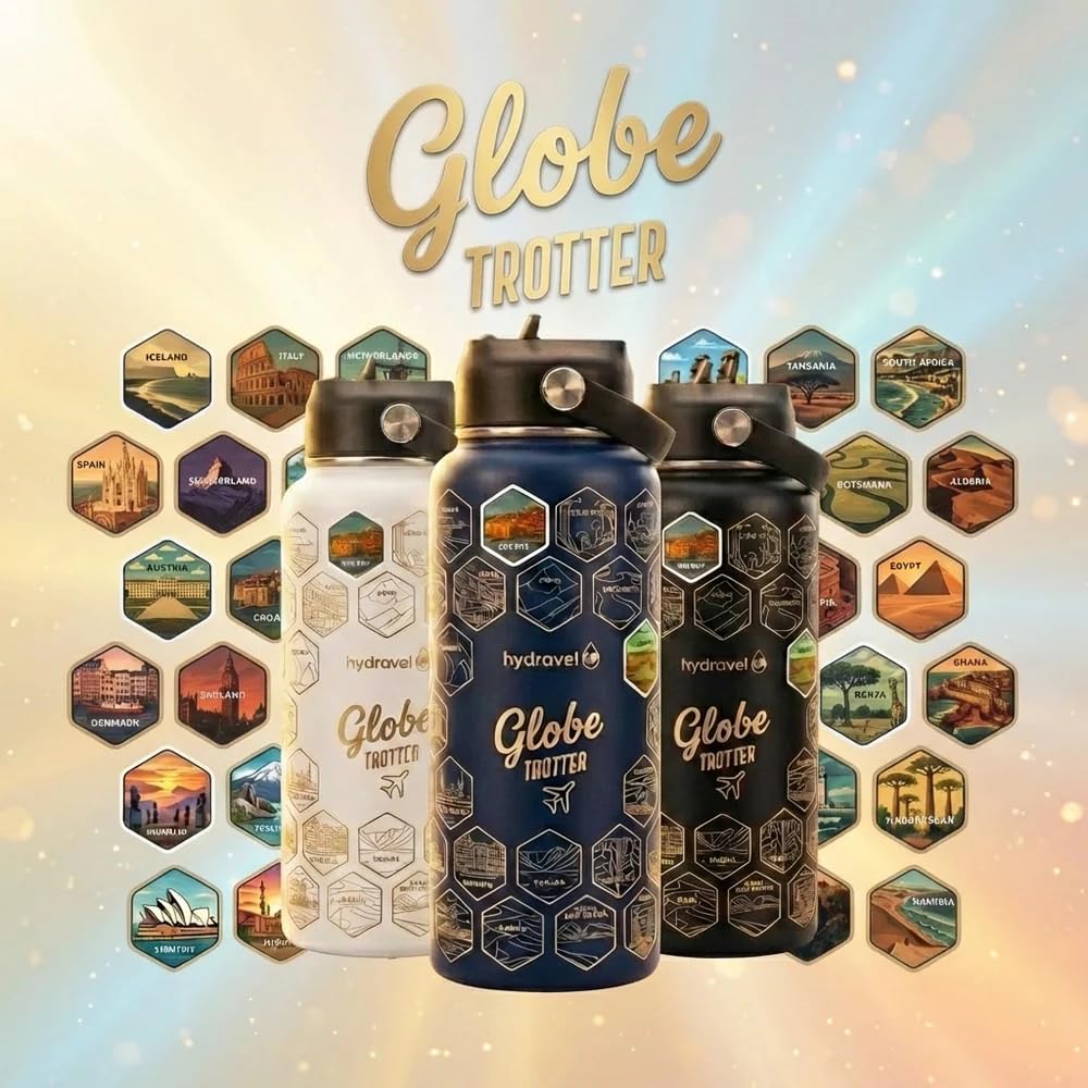 Borraccia Termica GLOBE TROTTER con 50 Adesivi dei Posti più BELLI del Mondo - Ottima Idea Regalo per Viaggiatori - 1 LT, Acciaio Inox, bevande Calde per 12h/Fredde 24h (Blu)
