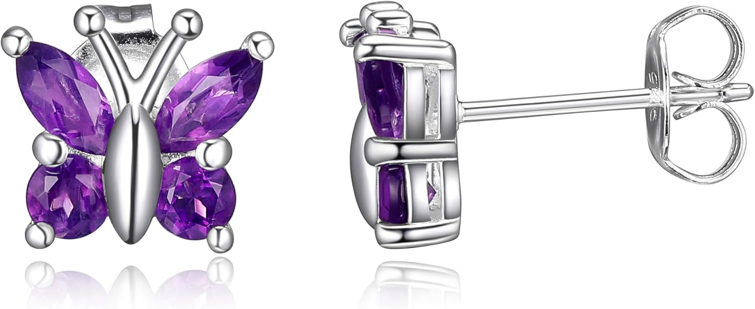 Amazon Collection Sterling Silver Genuine African Amethyst Butterfly Stud Earrings