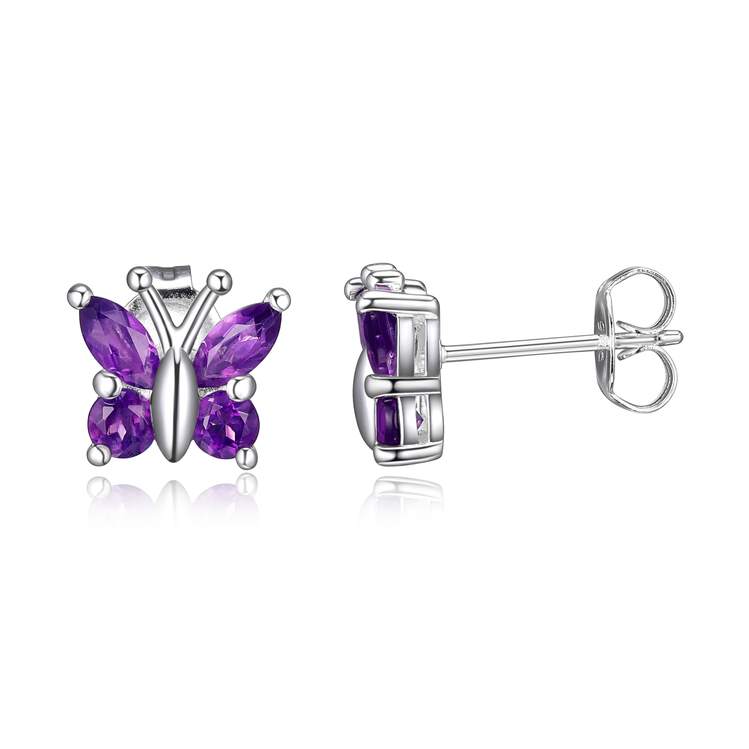Sterling Silver Genuine African Amethyst Butterfly Stud Earrings