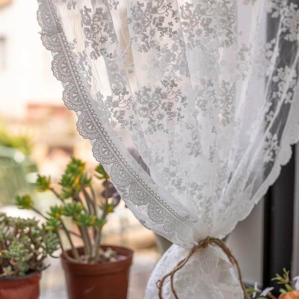Rideaux en Dentelle Brodés Blancs de 130-270 cm de Long, Élégants Rideau Fenêtre en Voile Transparent Floral Rustique Passe-Tringle pour Salon(WxH130x130cm/51x51inch)