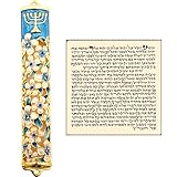 Talisman4U Blue Enamel MEZUZAH CASE with Scroll Hebrew Parchment Menorah Judaica Door Mezuza Made In Israel 9 cm
