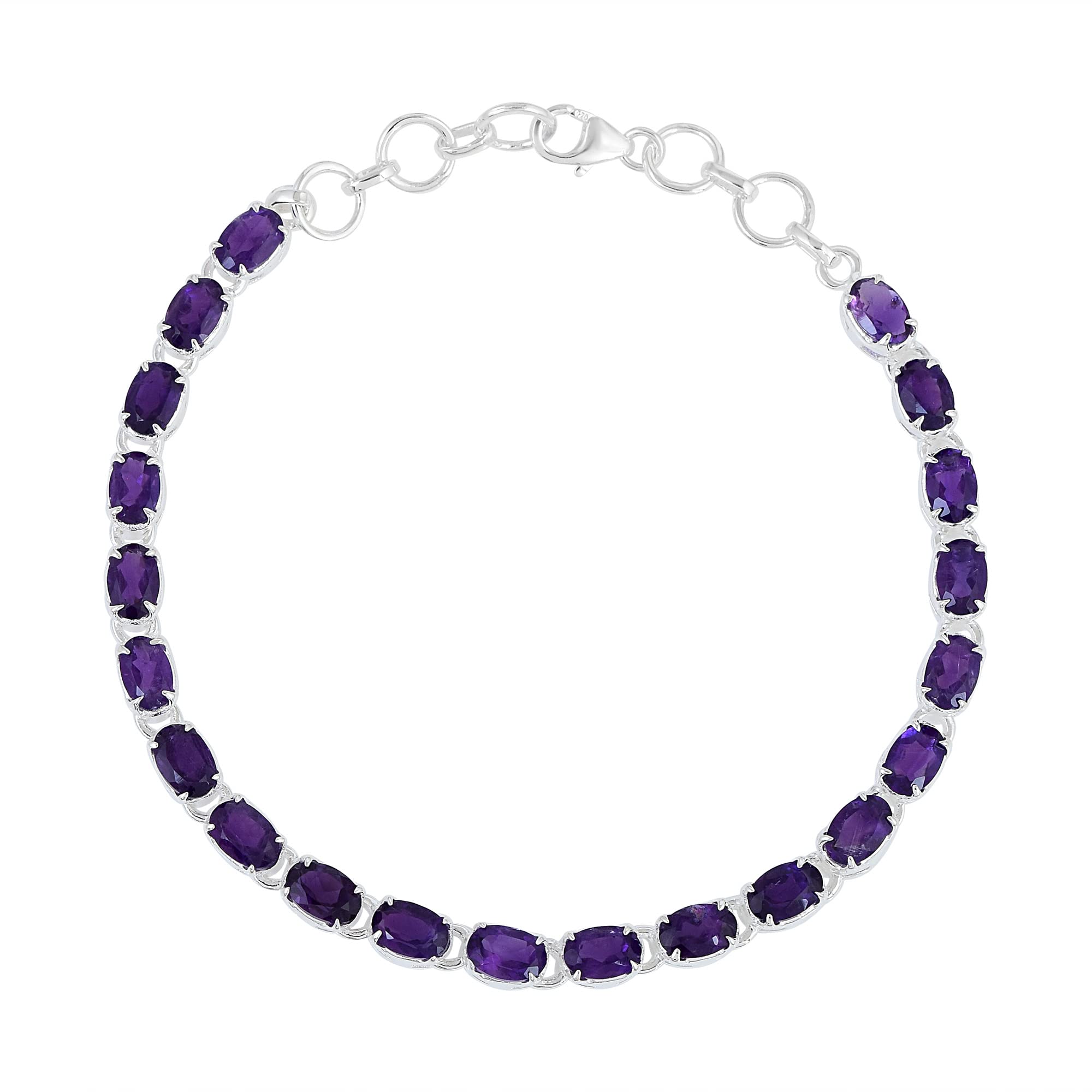 Bracelet rivière améthyste pour femme - 6 x 4 mm - Pierre précieuse violette ovale à facettes - Argent 925 plaqué rhodium blanc - Fermoir mousqueton - Cadeau idéal - 20,3 cm