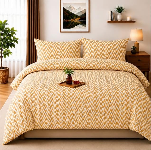 Image of 210 TC Glace Cotton Soft Cotton Zig Zag Design Fitted King Size 72x78x10 inches Bedsheet Set - Lightweight & Durable 1 Bed Sheet with 2 Pillowcase 17x27 inches Yellow