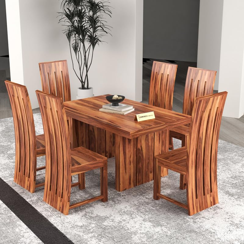 Image of Solid Sheesham Wood Dining Room Sets 6 Seater Dining Table with 6 Chairs for Dining Room, Living Room, Kitchen, Hotel, Restaurant, Cafeteria (Estra, Honey)