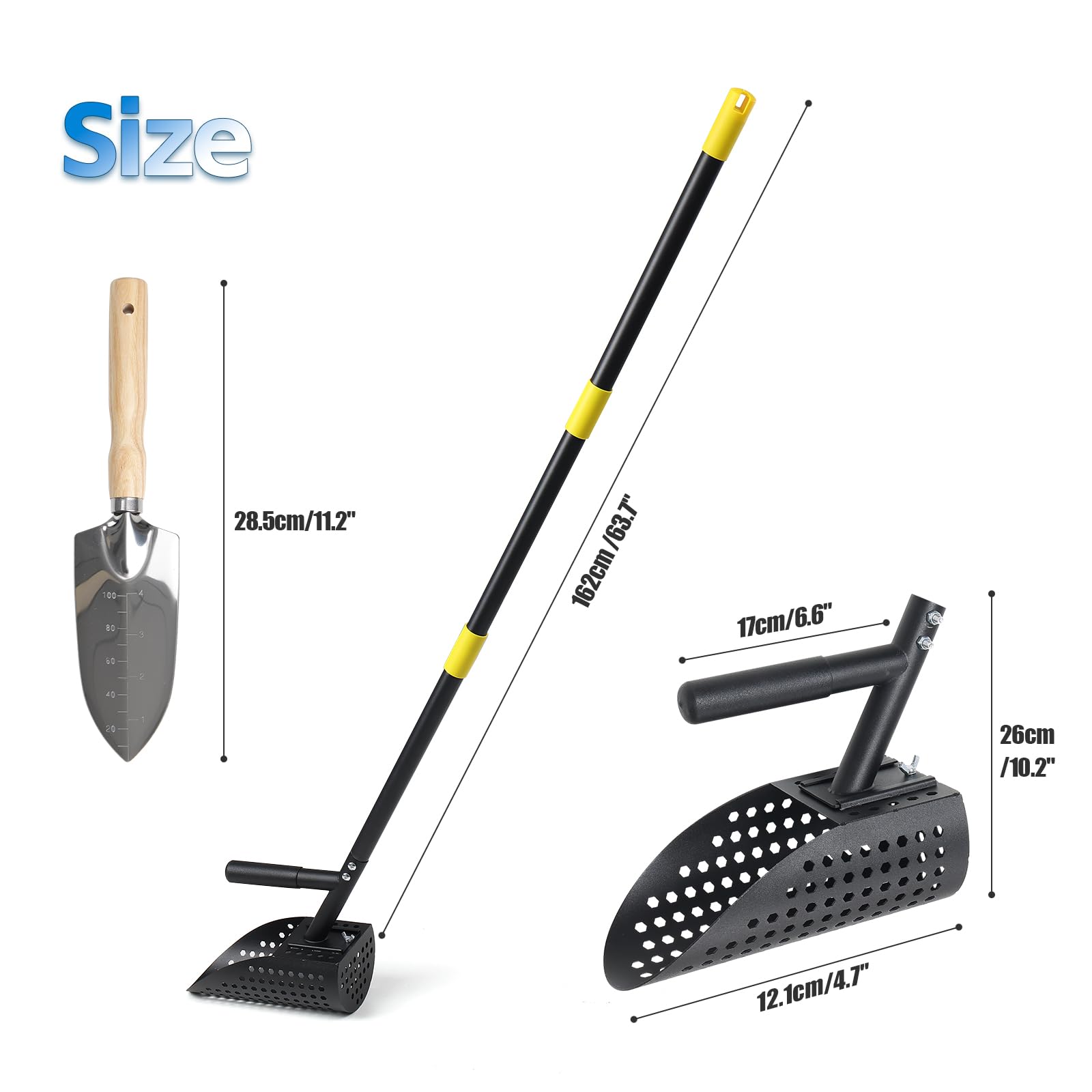 Paletta per la sabbia per il rilevamento di metalli da 162 cm, pala regolabile per metal detector, in acciaio inox, con manico lungo in acciaio, setaccio per sabbia, pala per la spiaggia, nero