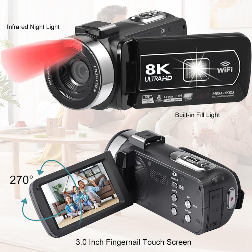 Stabilizzatore A Mano Camcorder Video 8K 64MP Zoom 18X Schermo Touch LCD da 3" Fotocamera WiFi con Microfono e Paraluce