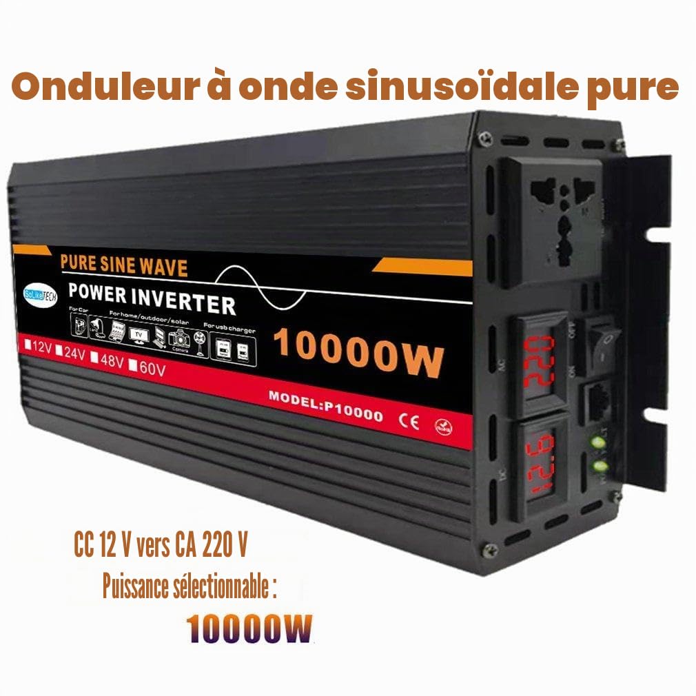 Convertisseur 12v 220v Pur Sinus 12000W Onduleur, Convertisseur de Tension avec écran LDE et 2 Prise Européenne, Adaptateur de Chargeur de Voiture Rapide USB,12VTo220V-10000W