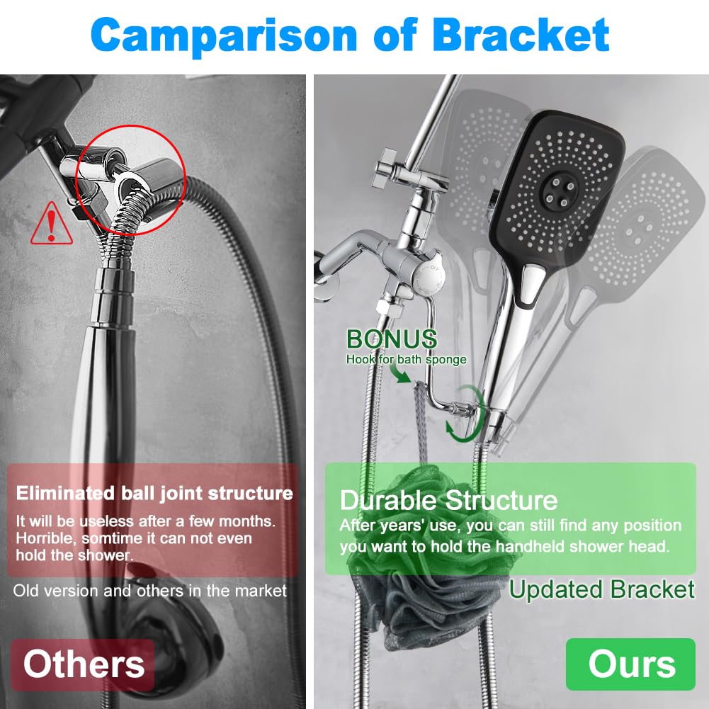 CyberWater - Cabezal de ducha de 12 pulgadas con rociador de mano, modo de lavado a presión integrado, desviador de 3 vías con ajuste de pausa, brazo de ducha de extensión ajustable,