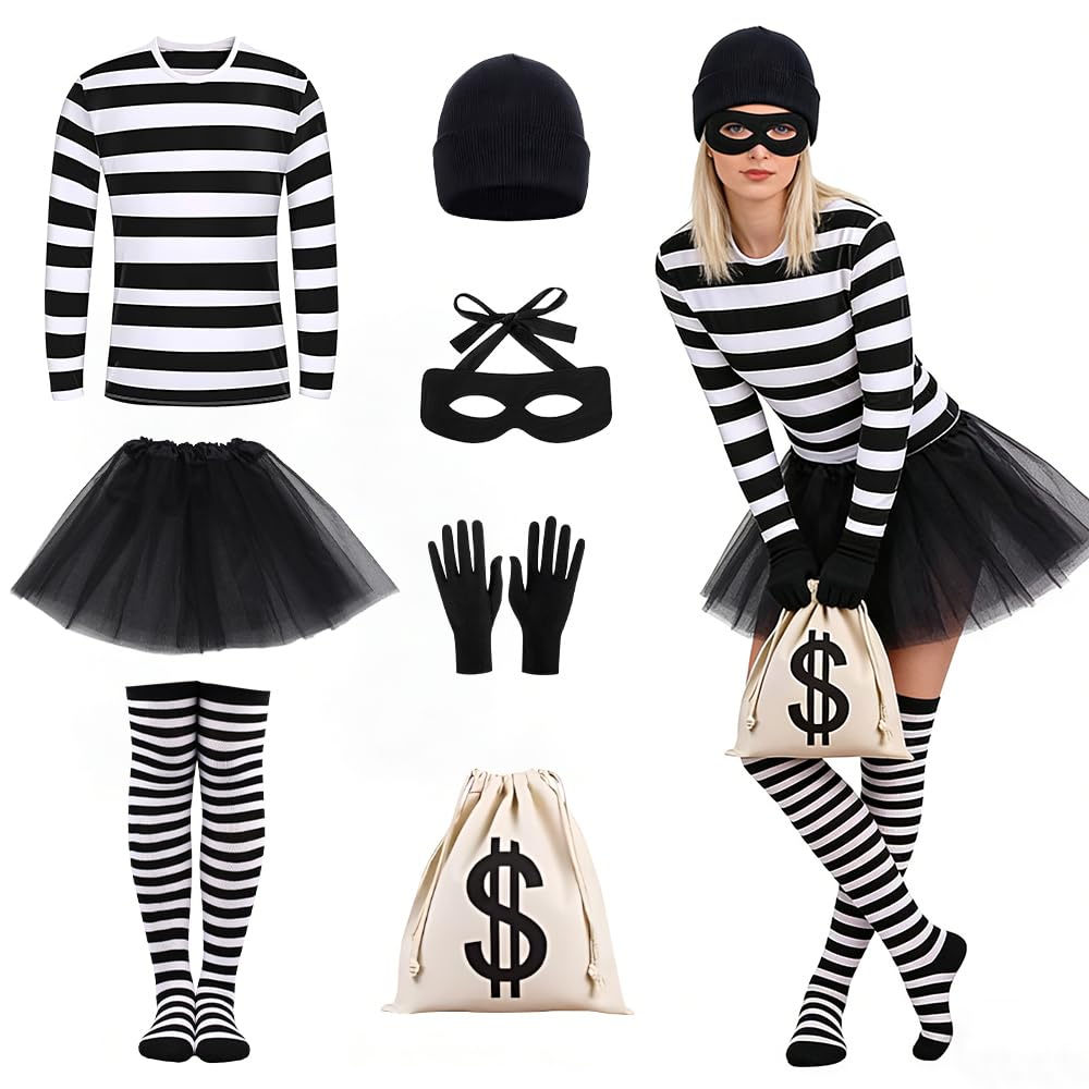 Disfraz de ladrón de bancos para mujer, 7 piezas, disfraz de depredador para adultos con camiseta, falda corta, calcetines hasta la rodilla, gorro de punto, máscara, guantes, cartera, juego de