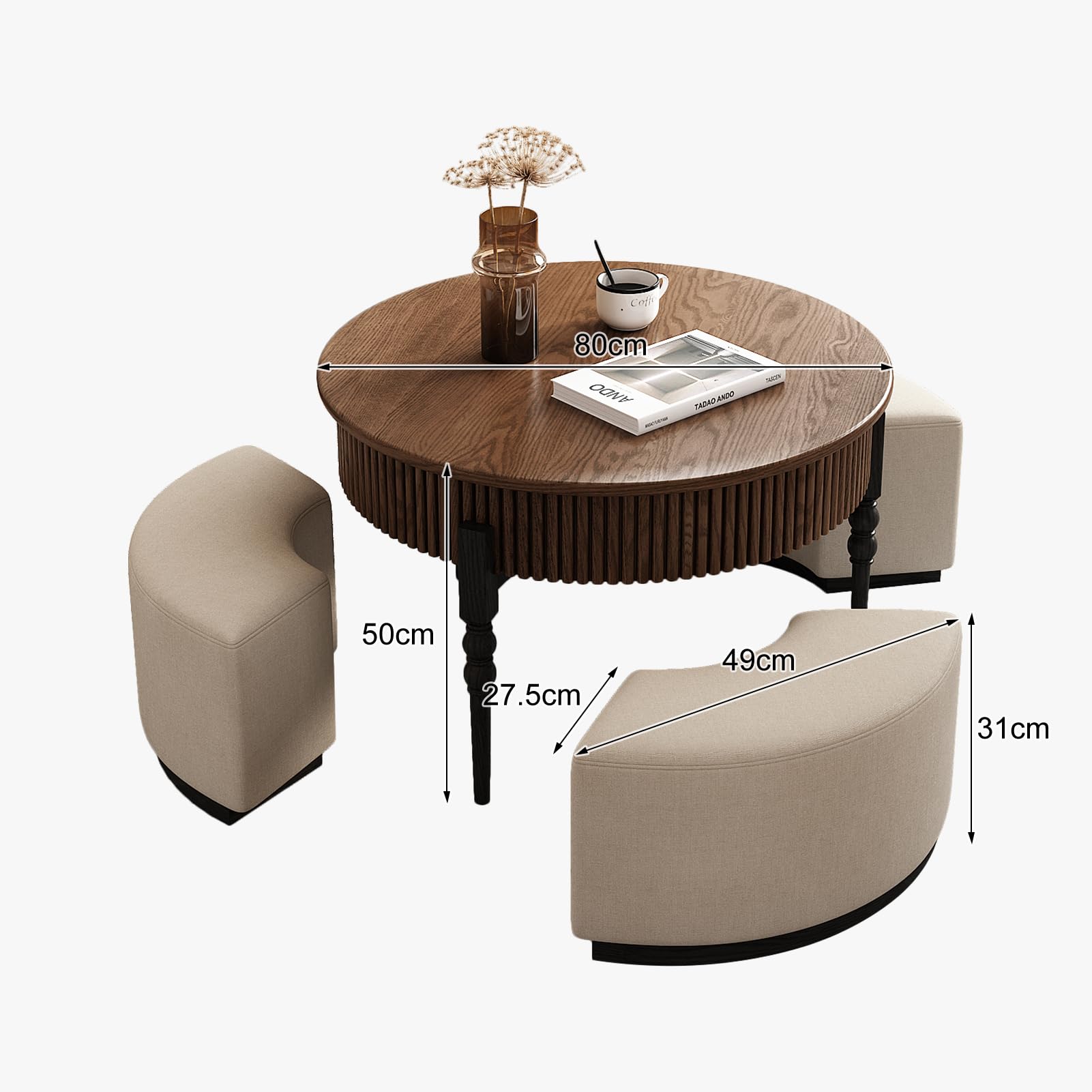Lartis Modernes rundes Couchtisch-Set, Walnuss-Finish mit Stauraumschublade und Hockern, 2-teiliges Set für das Wohnzimmer
