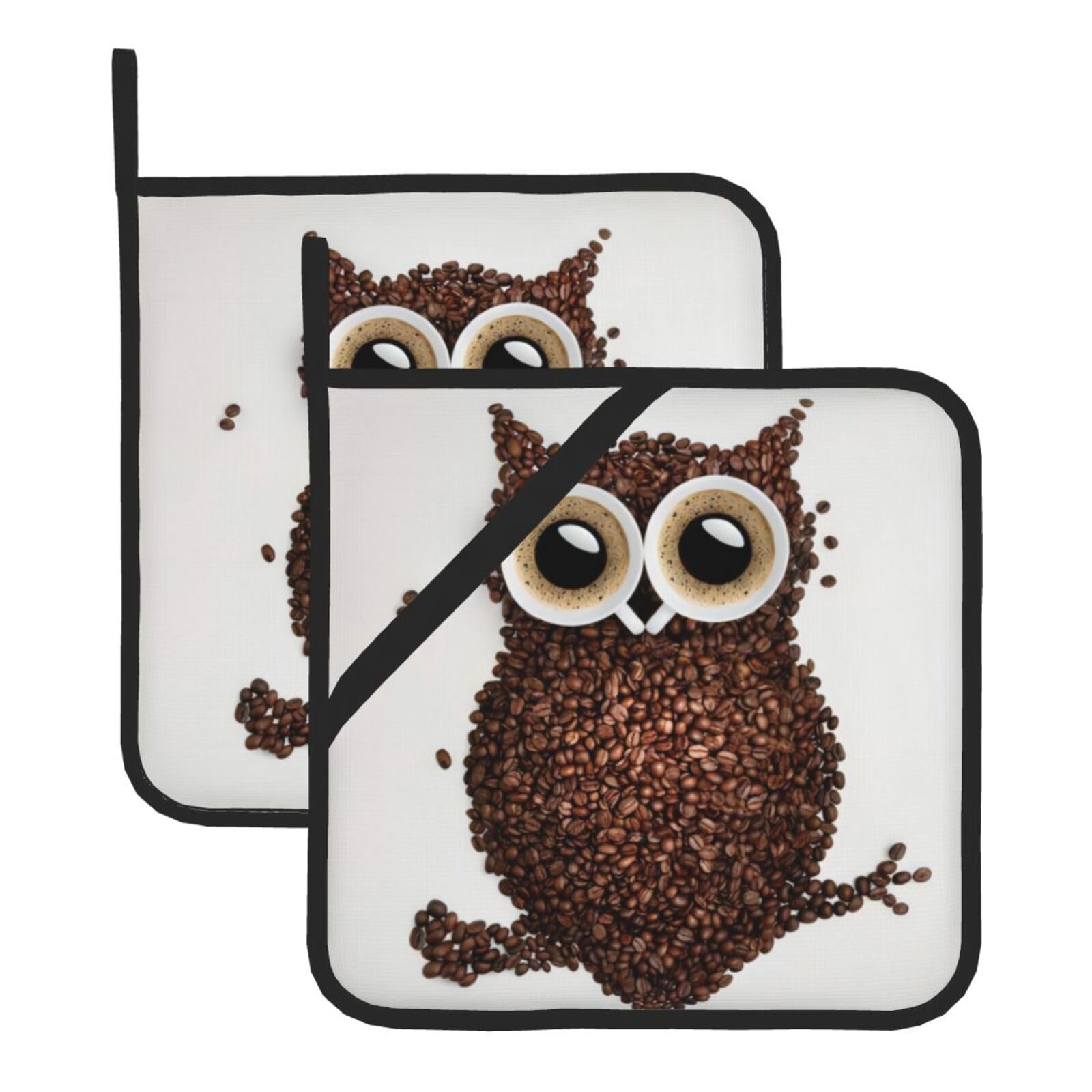 YYHWHJDE Coffee Bean Owl Prints Square Hot Pads for Kitchen Counter - Waterproof Pot Holders with Hanging Loop, Durable Trivets for Microwave Oven - 2 Pack