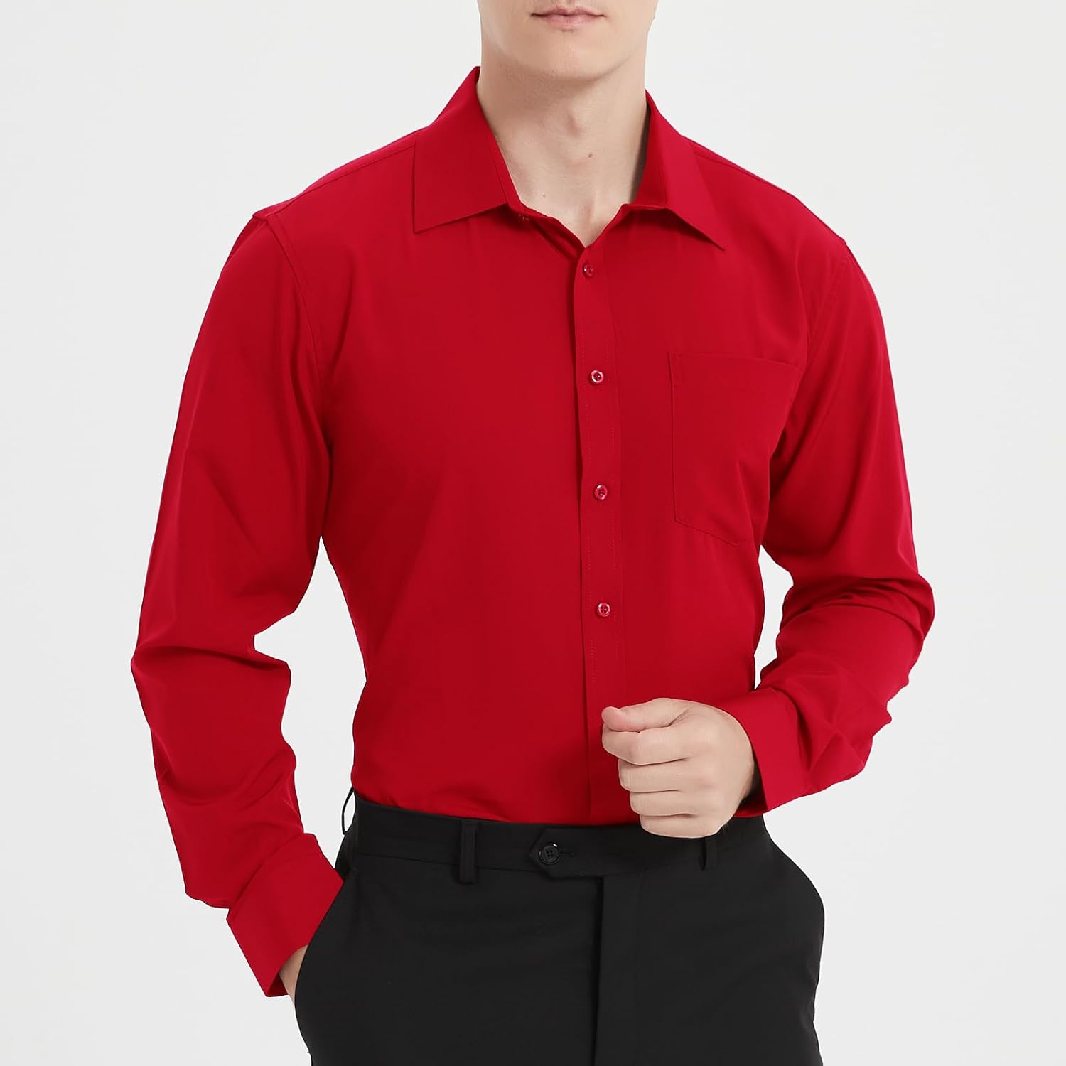 Men's Long Sleeve Dress Shirts, Regular Fit Stretch Wrinkle-Free Business Casual Button-Down Shirts with Front Pocket - Image 2