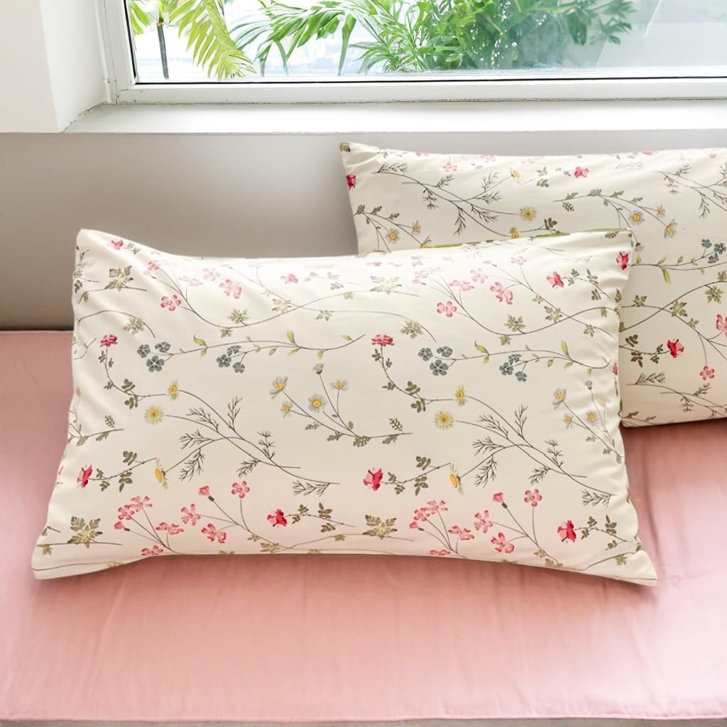 CCoutueChen Floral Duvet Cover Queen 3Pieces 100% Cotton Duvet Cover Gardern Farmhouse Botanical Flower Bedding with 2 Pillowcases(No Comforter,Beige)