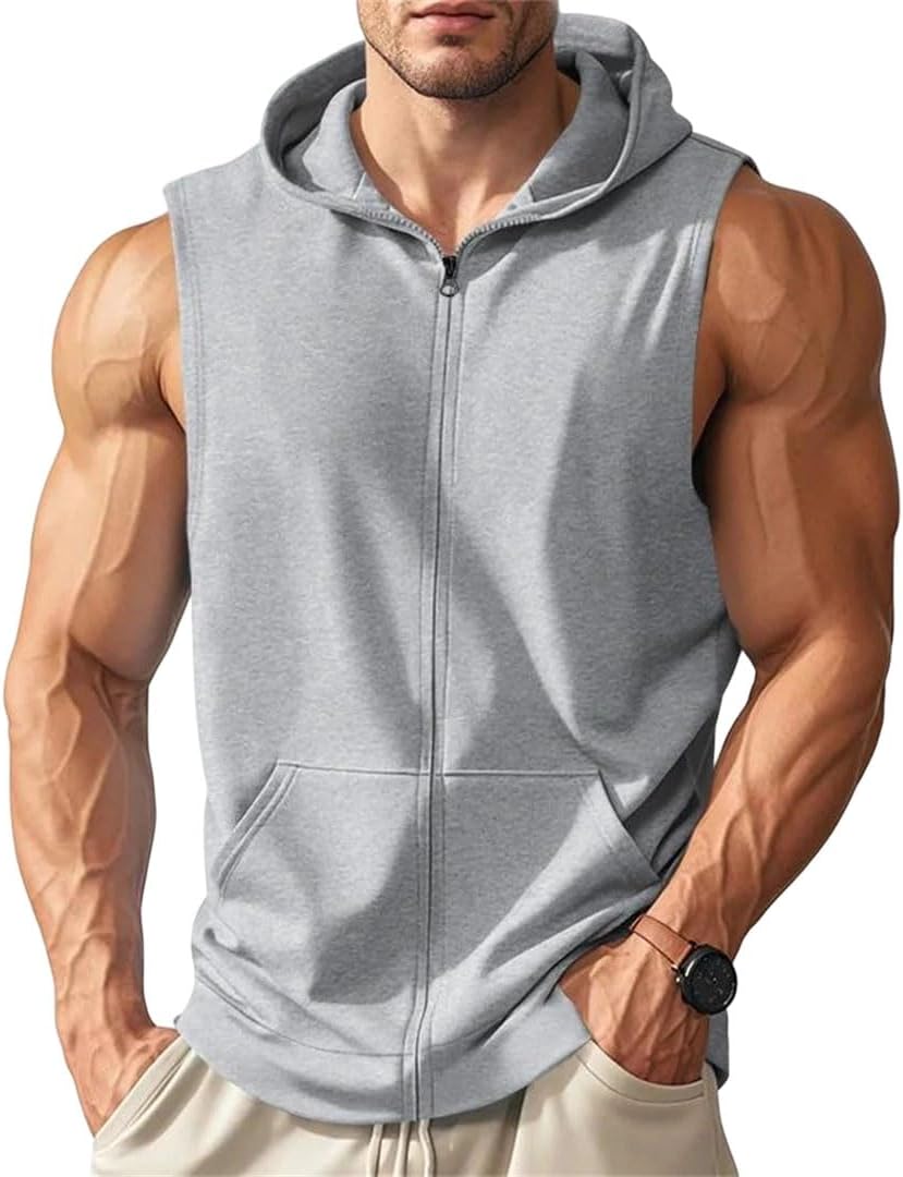 Men Hooded Zipper Tank Top Sleeveless Breathable Fitness Running Outdoor Vest T-Shirt