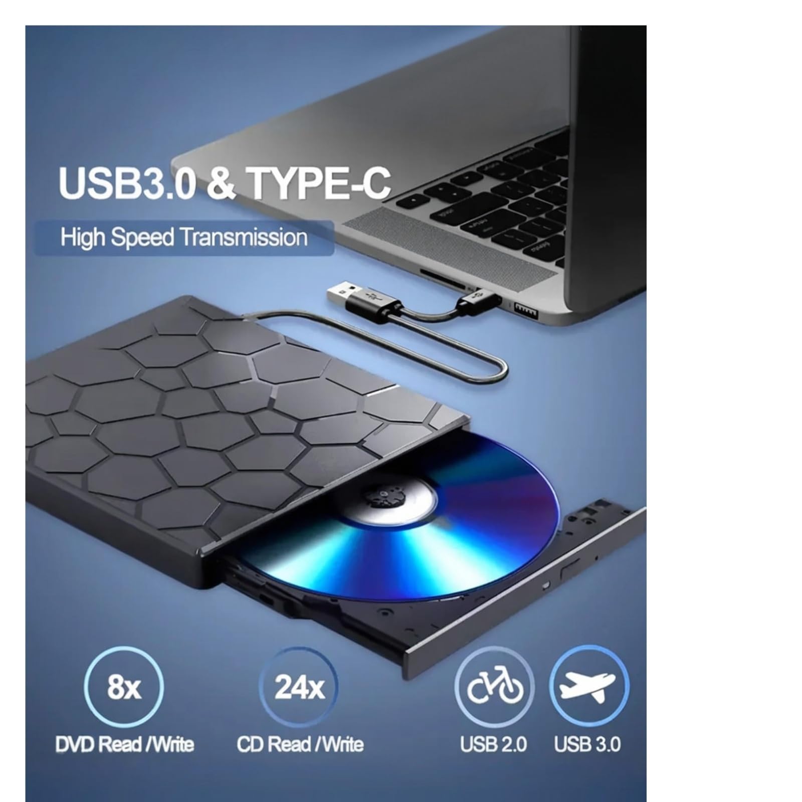 Zewnętrzny napęd CD/DVD do laptopa, 8 w 1 USB 3.0, ultracienki przenośny, odtwarzacz i nagrywarka CD/VCD/DVD