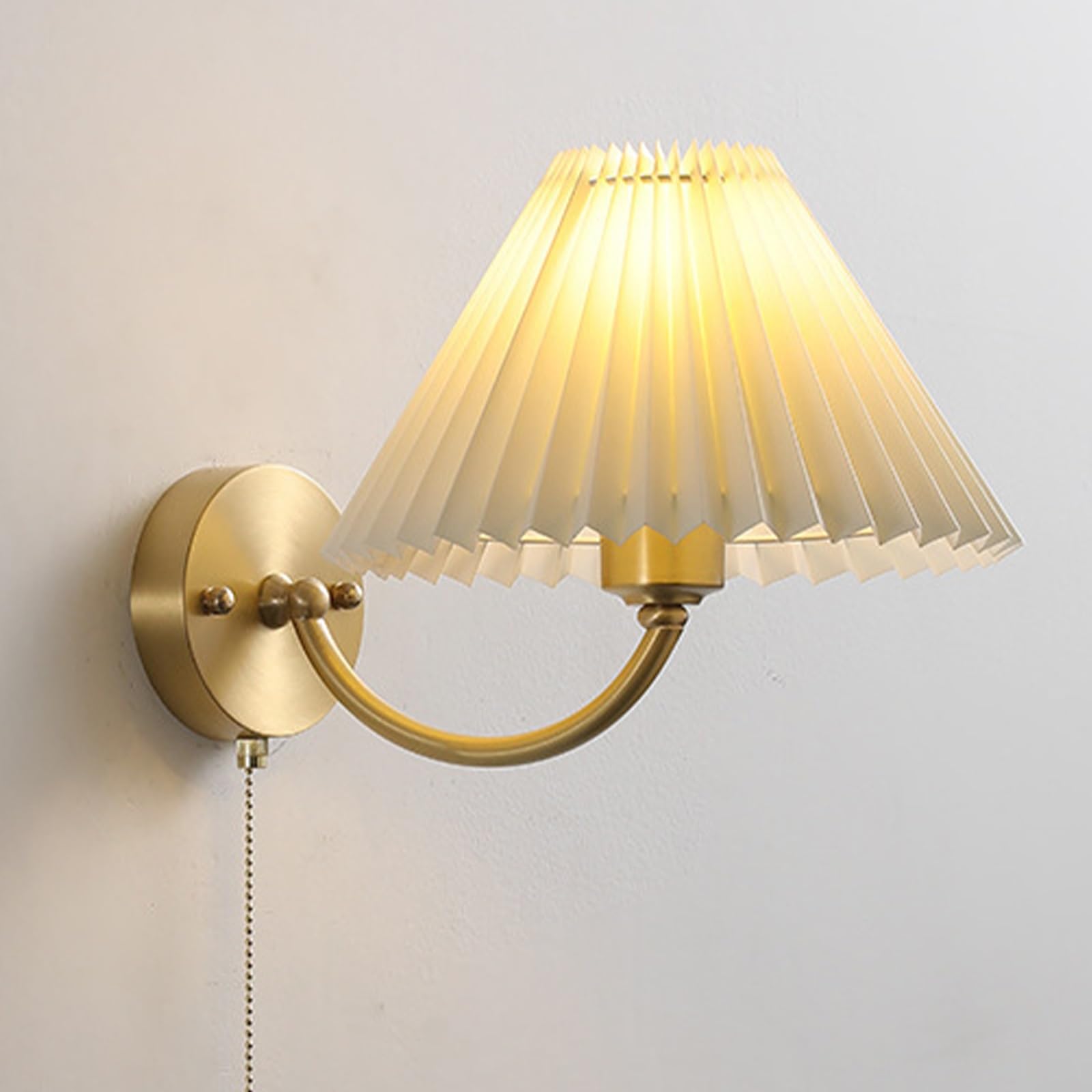SXWNBIFH Vintage Fabric Wall Lamp with Copper Round Base 24cm Diameter Wall Sconce E27 Hardwired Wall Light Study, Bedside Reading Wall Mounted Lamp Fixture with Pull Switch