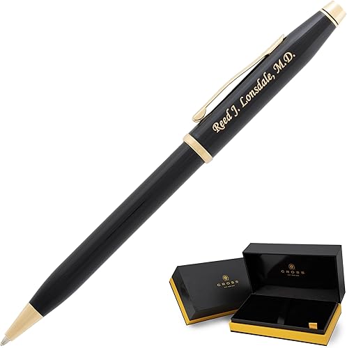 Bolígrafo Cross Century II grabado en acabado lacado negro con borde dorado. Bolígrafo de regalo grabado de lujo para graduación, premios o