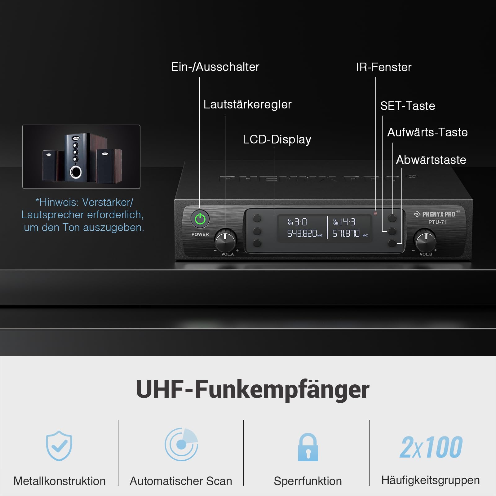 Phenyx Pro Drahtloses Mikrofonsystem, Dynamisches Funkmikrofon, 2x100 Einstellbare UHF Dual, Auto Scan, 328ft Reichweite, Für Gesang, Karaoke, Kirche (PTU-71A)