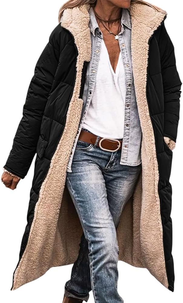 Women’s Shearling Lined Long Fleece Coat, Full Zip Winter Hooded Coat with Pockets, Warm Quilted Outerwear