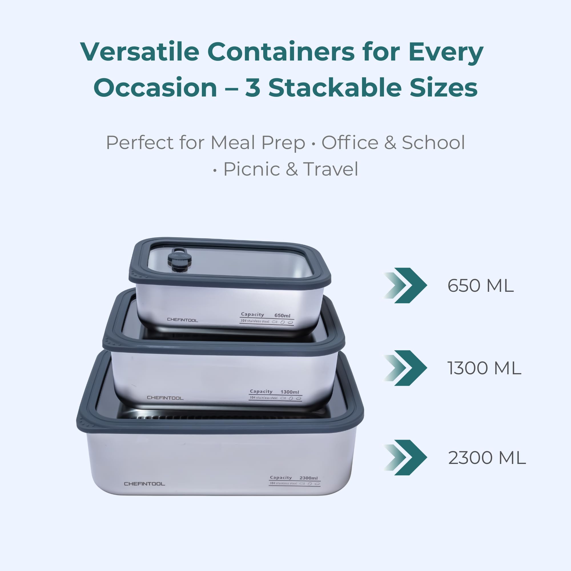Set di contenitori per il pranzo in acciaio inox con coperchi in vetro, 3 contenitori impilabili per alimenti Bento (650 ml/1300 ml/2300 ml), ermetici, a prova di perdite, senza BPA, adatti