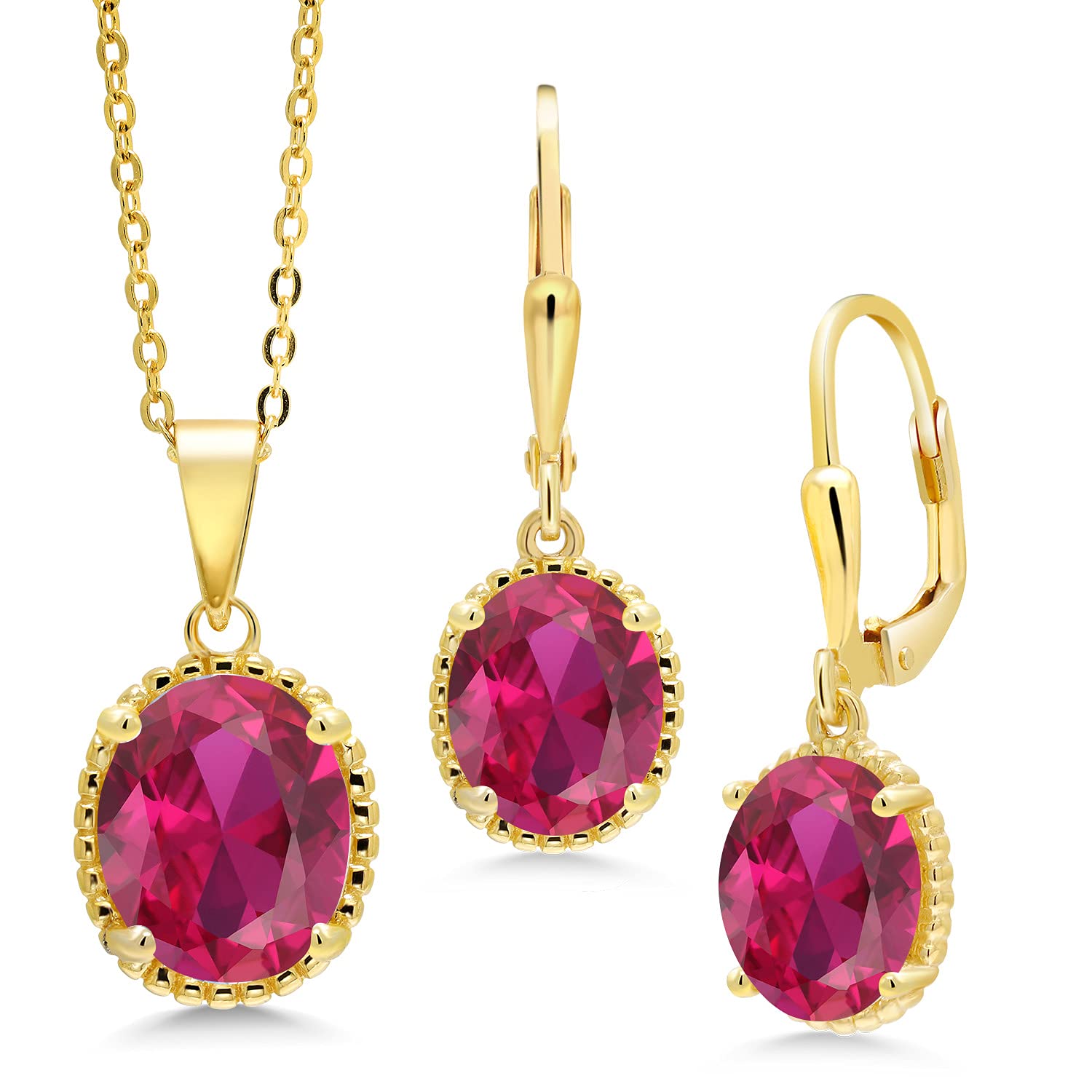 Gem Stone King18K Yellow Gold Plated Silver Oval Red Created Ruby Pendant and Earrings Jewelry Set For Women (8.00 Cttw, with 18 Inch Chain)
