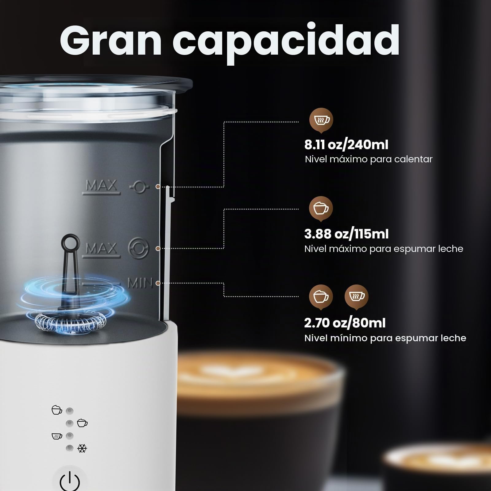 Morpilot Espumador de Leche Eléctrico Automático, Función 4 en 1, Acero Inoxidable, para Espuma Fría y Caliente, Latte, Capuchinos y Macchiato, Blanco