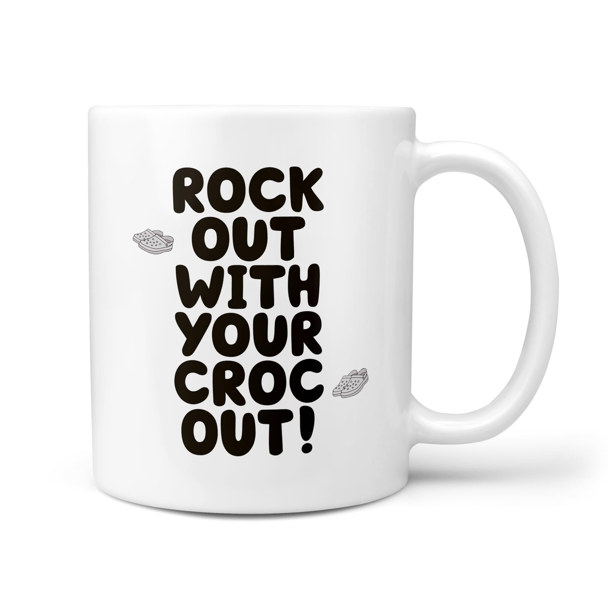 TeHeGifts 11oz Ceramic Mug - Funny Gift for Crocs Wearers - 'Rock Out with Your Croc Out' Novelty Mug - Quirky Crocs Lover Present - UK Dishwasher Safe Coffee Cup