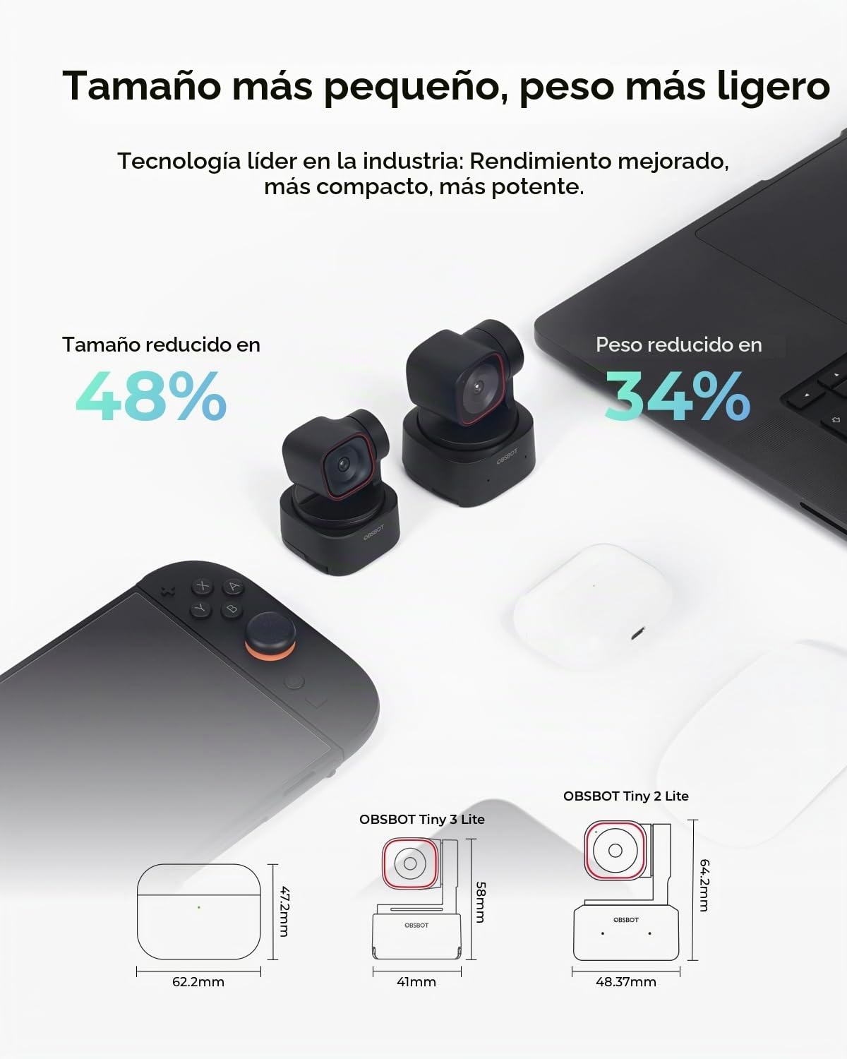 OBSBOT Tiny 3 Lite Webcam Paquete con Smart Remote 2 Y Micrófono Vox SE
