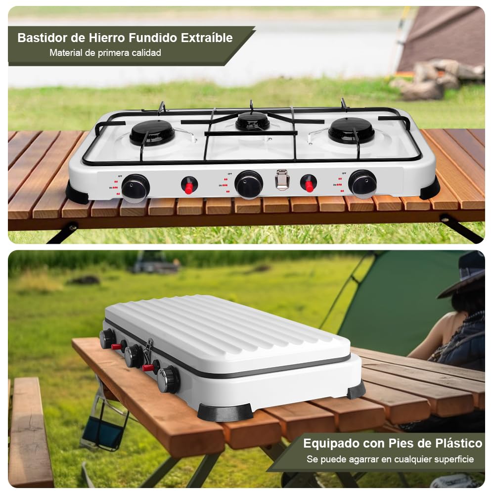 Cocina Gas Portátil 3 Fuegos Eencendido Piezoeléctrico, 5.4kw Camping Hornillo de Gas con Tapa, Exterior Festivales Hornillo Quemador de Gas al Aire Libre (blanco brillante)