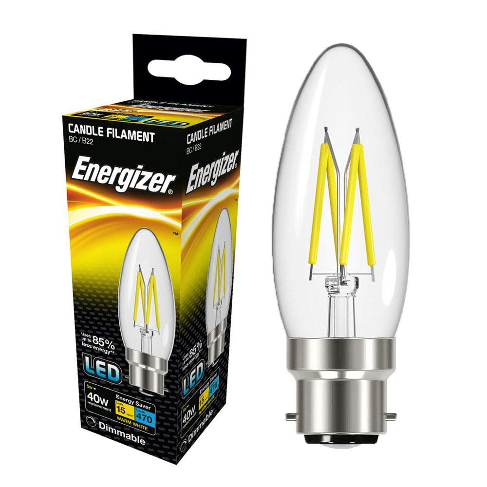 Energizer 5w (=40w) LED Clear Filament Decorative Candle Bulb, Extra Warm White 2700k - BC/Bayonet Cap ENGS12855