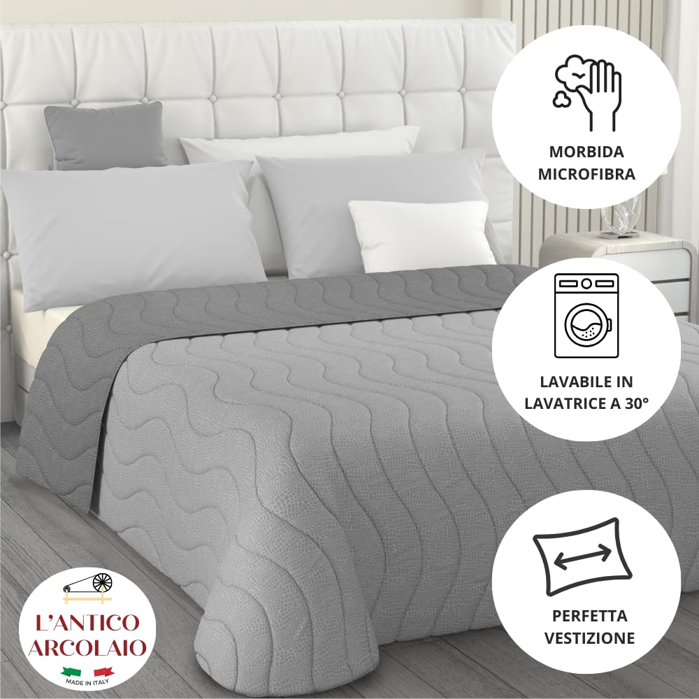 L'ANTICO ARCOLAIO - Trapuntino Matrimoniale Estivo (Grigio/Argento) Copriletto Matrimoniale Mezza Stagione Made in Italy, Trapunta Matrimoniale Double Face Ipoallergenica (Microfibra, 100g/m2)