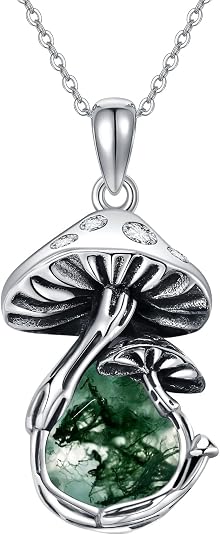 YAFEINI Mushroom Pendant Necklace with Moss Agate