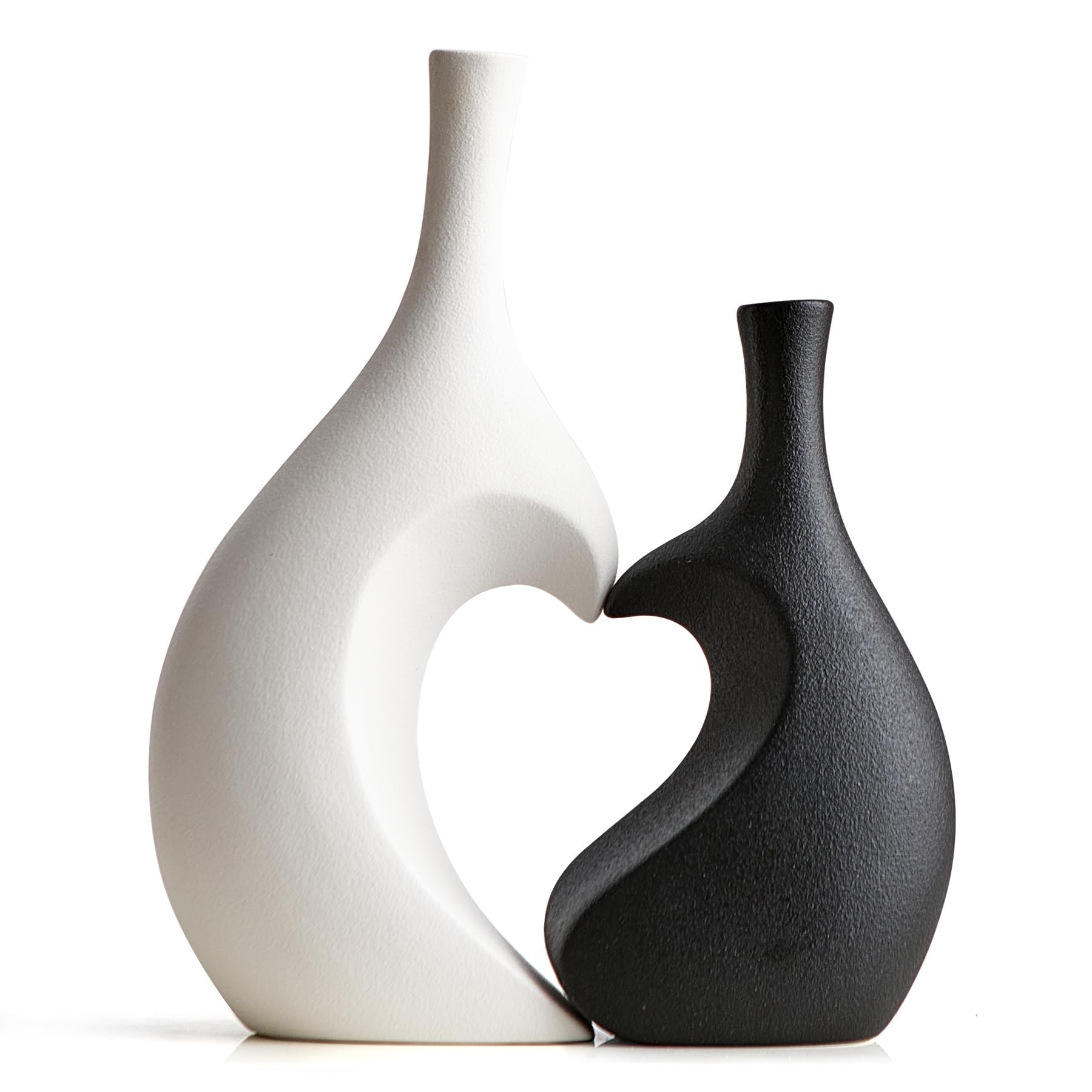 Heart Shaped Vase Set of 2 - Black and White Minimalist Decorative Vases for Living Room, Dining Table, Coffee Table and Bookcase, Modern Hearts Design for Hallway and Sideboard