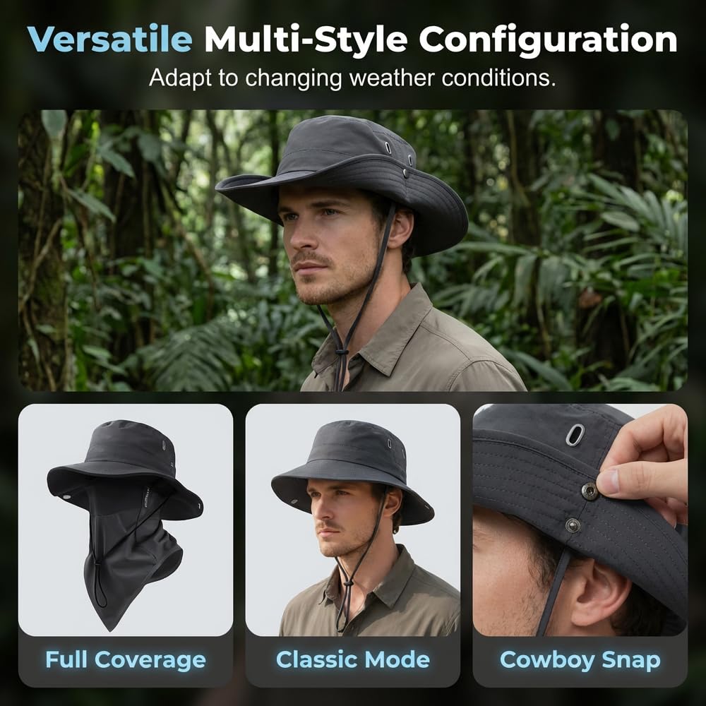 Breathable Fishing Hat with Face Cover and Neck Flap, Wide Brim Outdoor Sun Hat for Men Women