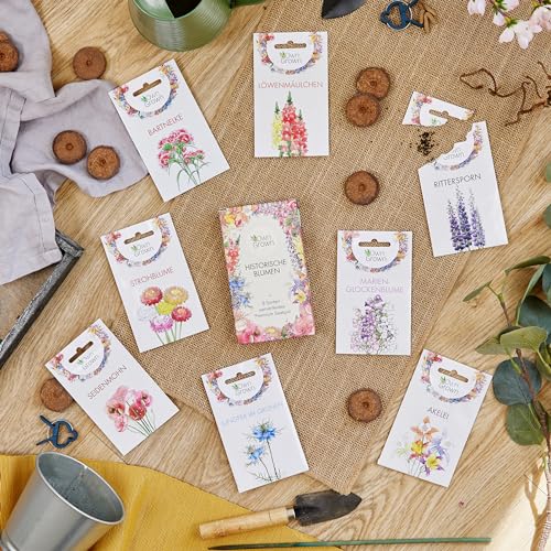 OwnGrown Blumensamen-Set - 8 Historische Blumen Samen Sorten - Mohnsamen, Akelei, Rittersporn, Glockenblumen, Strohblumen, Löwenmäulchen Pflanzenliebhaber und Blumenfreunde