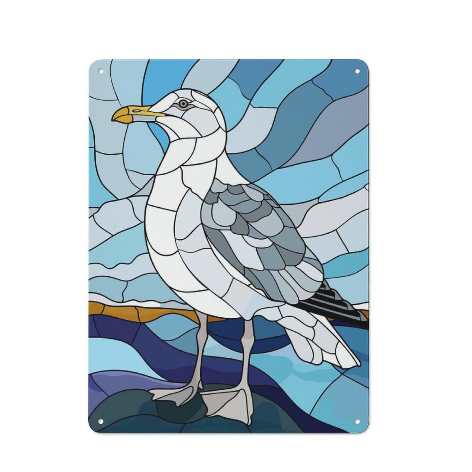 Junmoney Style-19 Metal Wall Sign 40X30cm Featuring Stained Glass Seagull By The Sea For Workshop Wall, For Room Styling Across Workshops And Hobby Rooms