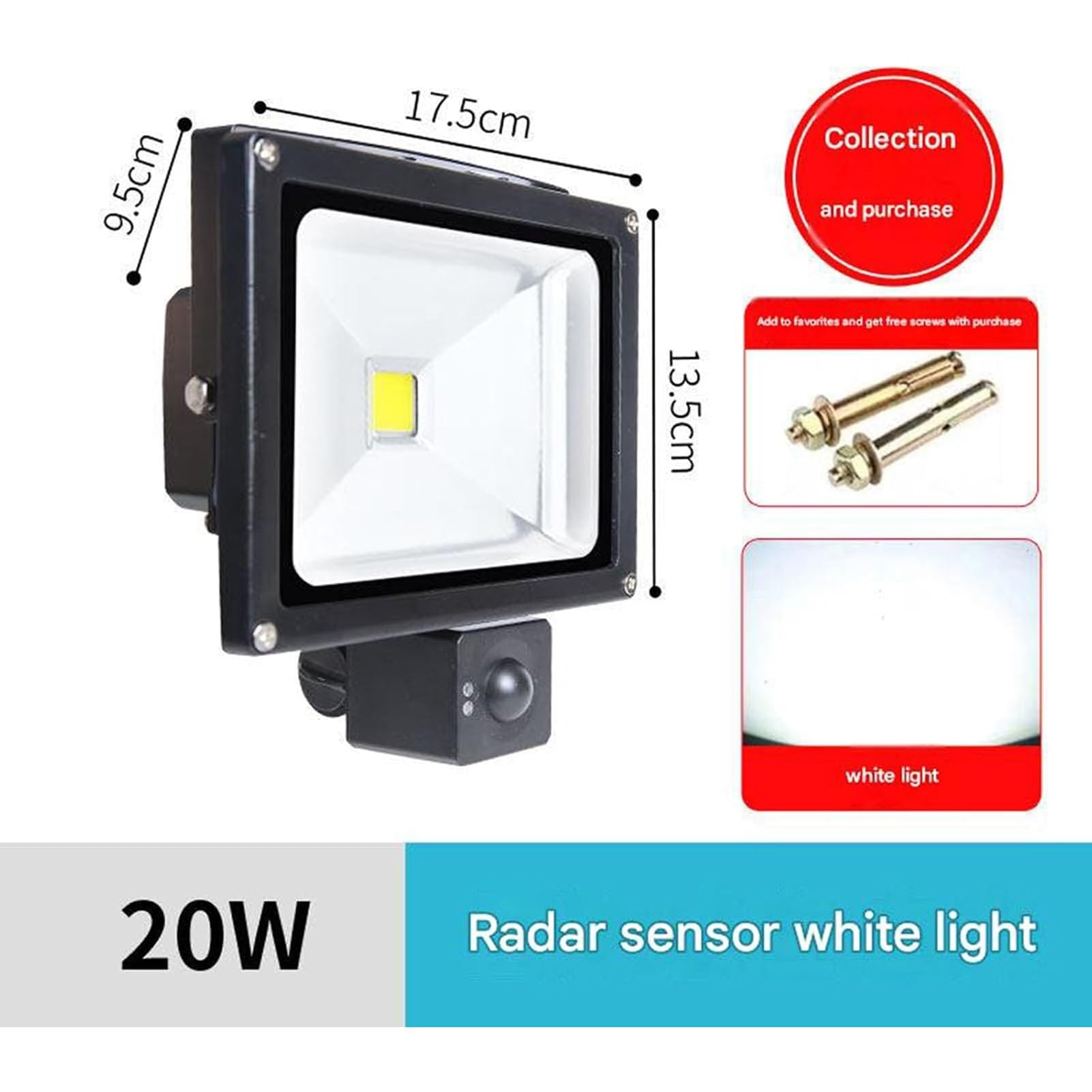 Zewnętrzny reflektor bezpieczeństwa z czujnikiem ruchu, 3000 lumenów, LED 6000K, wodoodporny IP65, światło dzienne, do garażu, ogrodu, korytarza lub podwórza (ciepłe światło, 20 W (220 v))