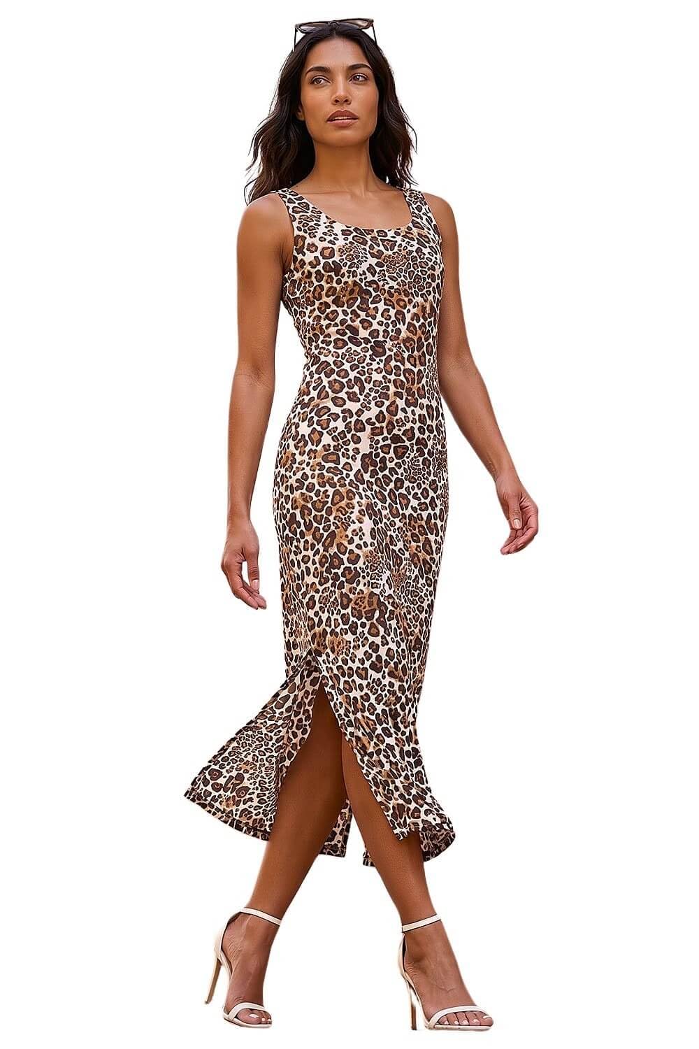 Roman Originals Women's Beige Roman Cotton Speckled Print Midi Dress For Uk - Spring Everyday Summer Holiday Square Neckline Comfy Sleeveless Soft Jersey Frock Day Out Gowns - Tan - Size 18