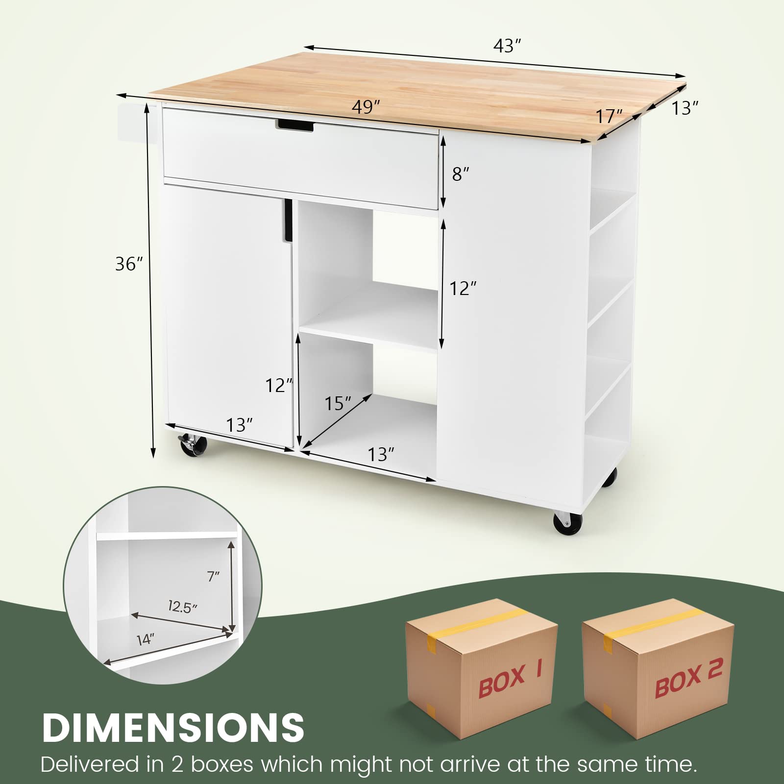 GIANTEX Carrito de Cocina con Isla, Carros de Servicio Rodante de Madera con Hoja, Cajón, Toallero y Portaespecias, Multiusos con Ruedas para Cocina y Comedor (Blanco)