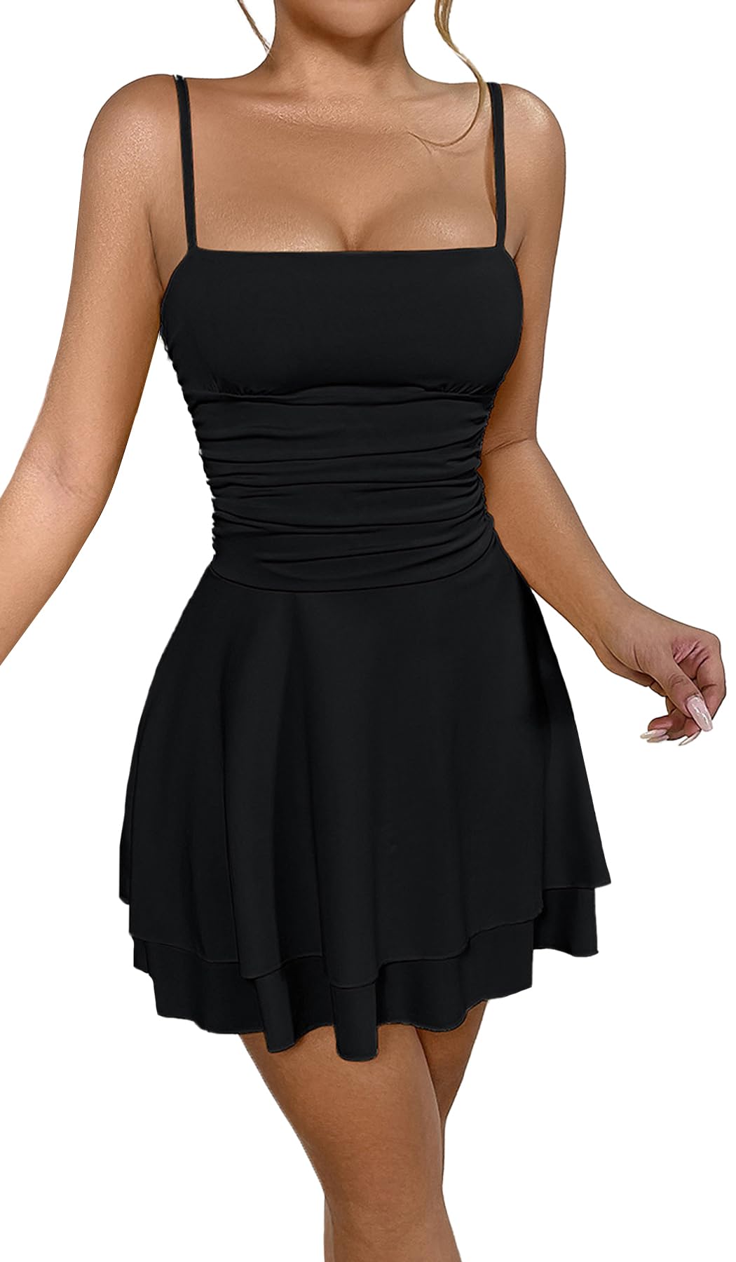 SEAUR Mini robe moulante à bretelles spaghetti pour femme avec fronces sexy dos nu et ourlet court à volants