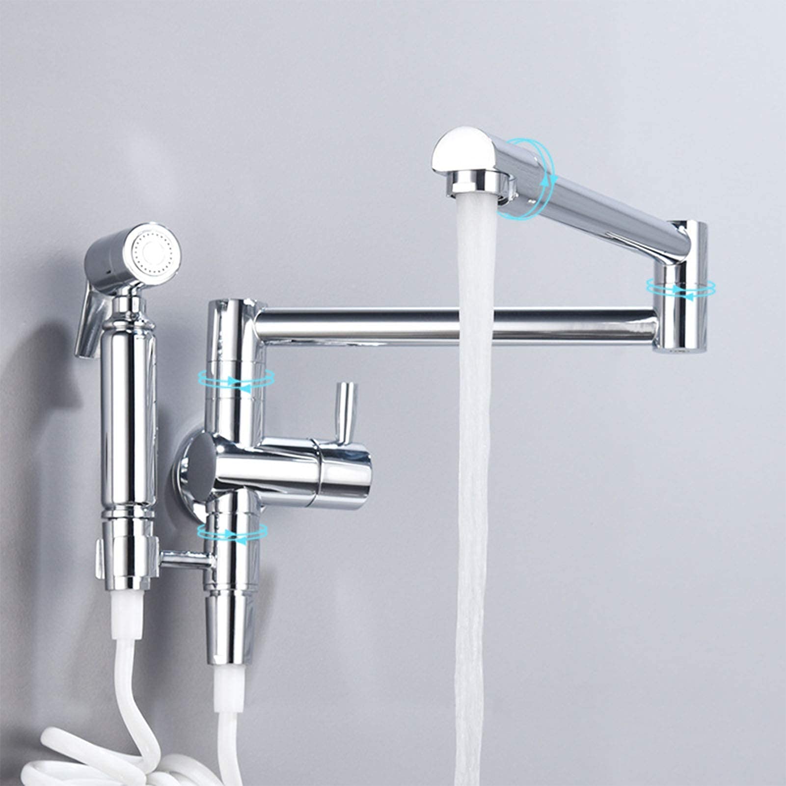 Rubinetto in ottone, rubinetto da cucina a braccio oscillante a doppio snodo, uscita acqua a 2 modalità, rubinetti da cucina a parete monocomando con spruzzatore per bidet (cromo)