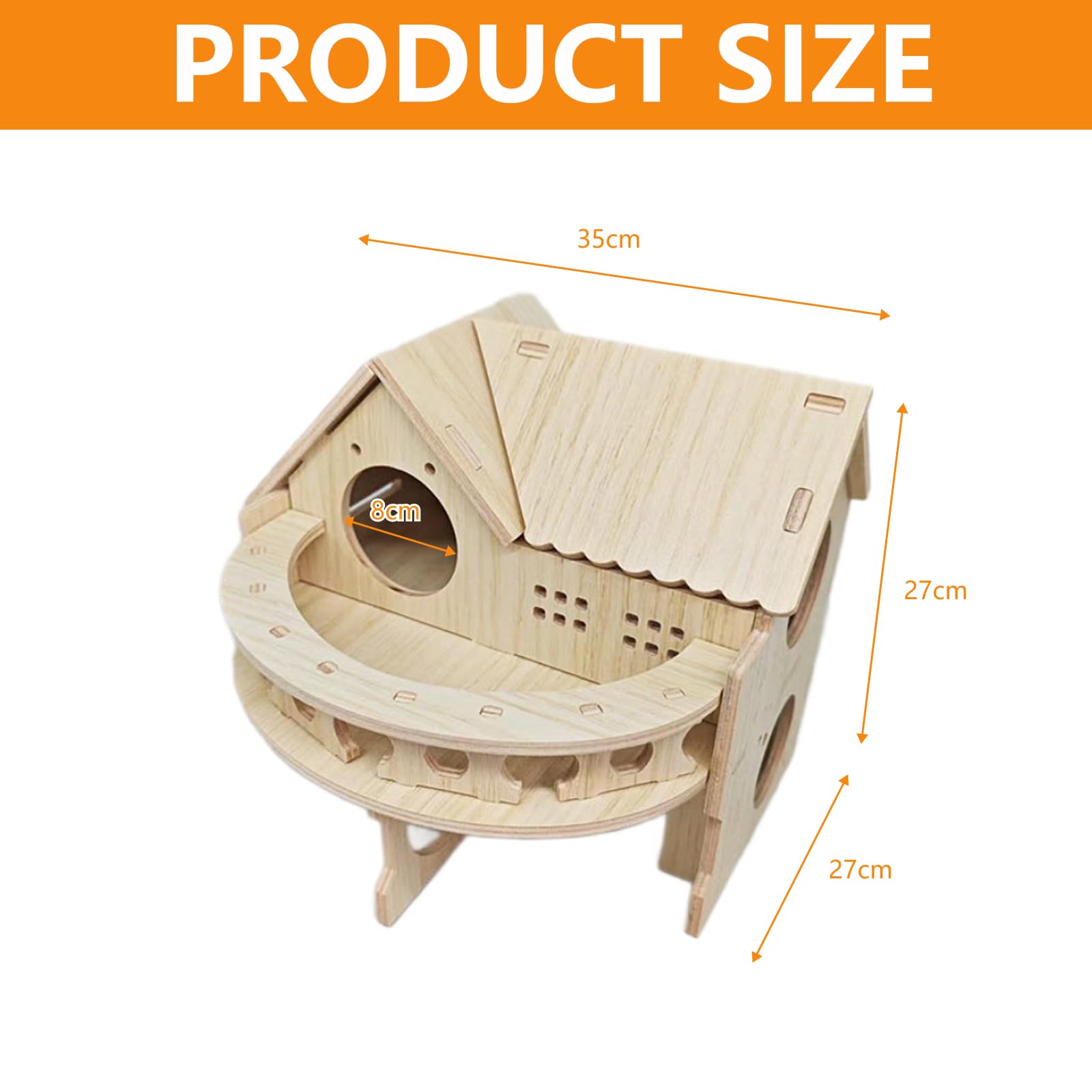 Casa para Erizos, 35 x 27 x 27 cm Casa del Erizo de Madera con Terraza Gran Casa para Erizo Desmontable con Múltiples Entradas y Salidas Redondas para Erizos o Cobayas para Refugio e Hibernación