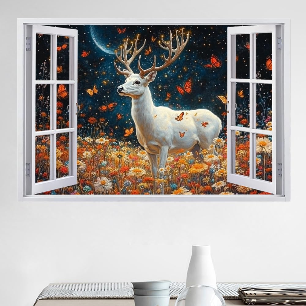 3D Wandtattoo I Wandbild Hirschblumenschmetterling Wandaufkleber I Wandsticker Durchbruch Mondnachtansicht Poster Fensterblick I Wand Deko Aufkleber für Wohnzimmer Schlafzimmer Küche Türaufkleber