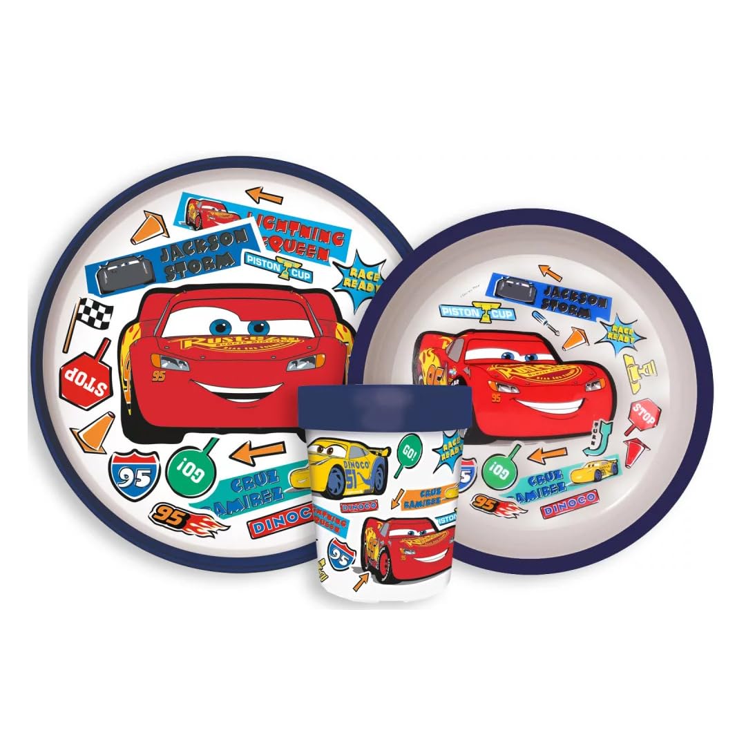 Disney Cars Lightning McQueen Kinder Geschirr-Set – 3-teiliges Set mit Teller (20 cm), Schüssel (15 cm) & Becher 260 ml – Offizielles Cars-Design – robustes Kinder-Essgeschirr